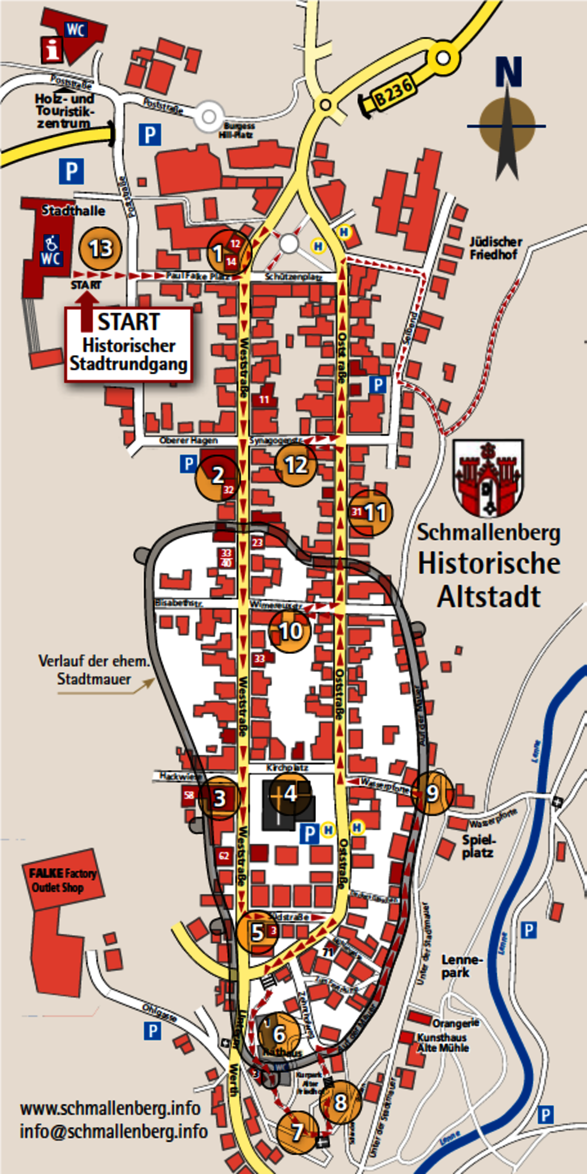 Stadtplan Schmallenberg mit den Stationen des historischen Stadtrundgangs